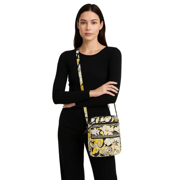 Vera Bradley Quilted Crossbody Bag – Yellow, Black & White Floral Pattern - Picture 1 of 5